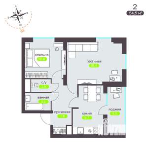 2-к квартира, вторичка, 55м2, 7/19 этаж