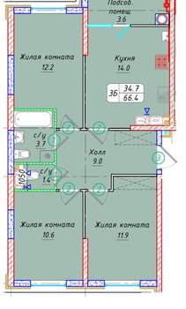 3-к квартира, вторичка, 66м2, 12/21 этаж