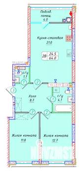 2-к квартира, вторичка, 64м2, 19/22 этаж