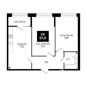 2-к квартира, вторичка, 61м2, 2/24 этаж