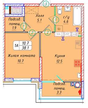 1-к квартира, вторичка, 38м2, 19/21 этаж