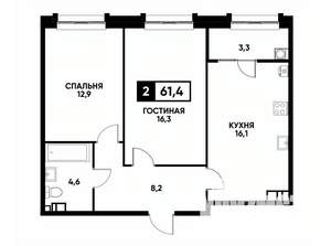 2-к квартира, вторичка, 61м2, 4/16 этаж