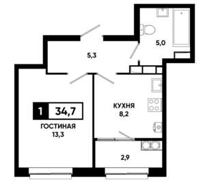 1-к квартира, строящийся дом, 35м2, 17/19 этаж