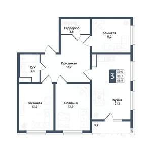 3-к квартира, вторичка, 89м2, 12/20 этаж