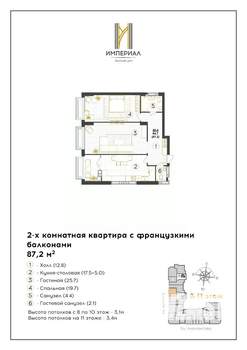 2-к квартира, вторичка, 87м2, 8/12 этаж