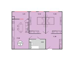 2-к квартира, строящийся дом, 62м2, 2/6 этаж