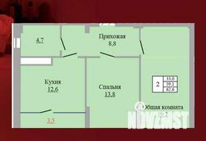 2-к квартира, вторичка, 63м2, 7/9 этаж