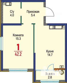 1-к квартира, строящийся дом, 42м2, 18/22 этаж