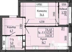 1-к квартира, вторичка, 46м2, 14/24 этаж