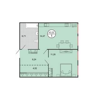 1-к квартира, строящийся дом, 43м2, 1/6 этаж