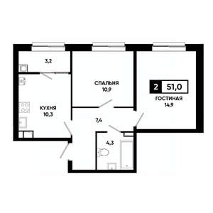 2-к квартира, строящийся дом, 51м2, 5/19 этаж