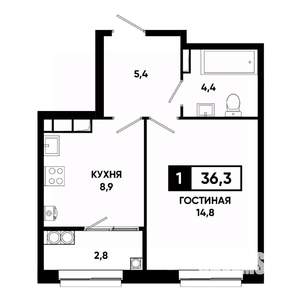 1-к квартира, строящийся дом, 36м2, 16/19 этаж