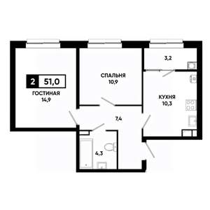 2-к квартира, строящийся дом, 51м2, 11/19 этаж