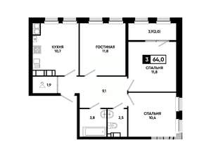 3-к квартира, вторичка, 64м2, 23/24 этаж