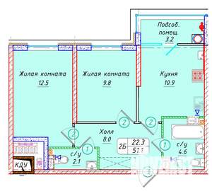 2-к квартира, вторичка, 51м2, 8/22 этаж