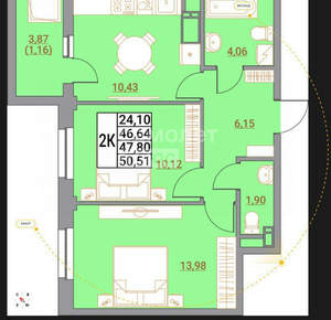 2-к квартира, вторичка, 51м2, 3/21 этаж