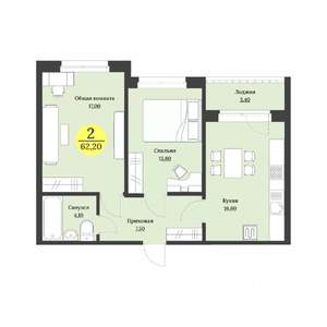 2-к квартира, строящийся дом, 62м2, 1/12 этаж