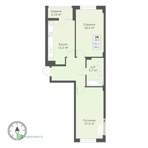 2-к квартира, вторичка, 64м2, 10/19 этаж