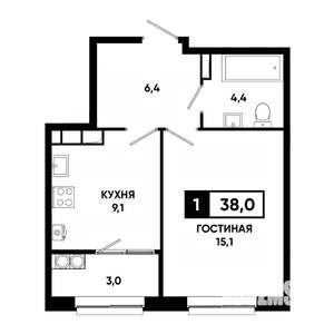 1-к квартира, строящийся дом, 38м2, 16/19 этаж