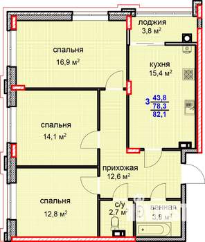 3-к квартира, строящийся дом, 82м2, 1/10 этаж