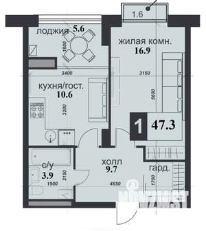 1-к квартира, строящийся дом, 47м2, 10/12 этаж