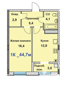 1-к квартира, строящийся дом, 45м2, 6/8 этаж
