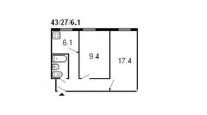 2-к квартира, вторичка, 45м2, 4/4 этаж