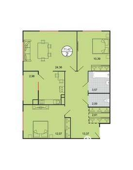 2-к квартира, строящийся дом, 71м2, 1/6 этаж