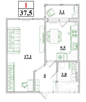 1-к квартира, строящийся дом, 38м2, 7/9 этаж