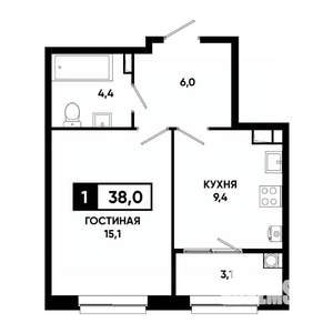 1-к квартира, строящийся дом, 38м2, 6/19 этаж