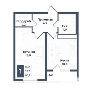 1-к квартира, вторичка, 41м2, 2/20 этаж