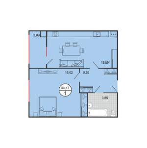 1-к квартира, строящийся дом, 44м2, 2/4 этаж