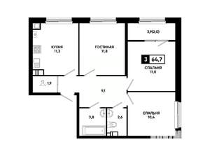 3-к квартира, вторичка, 65м2, 9/24 этаж