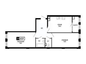 2-к квартира, вторичка, 62м2, 8/14 этаж