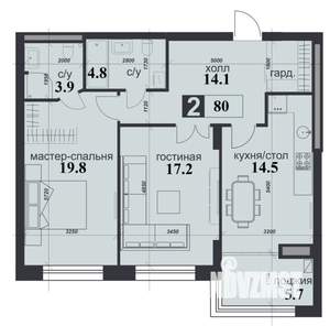 2-к квартира, строящийся дом, 80м2, 9/12 этаж