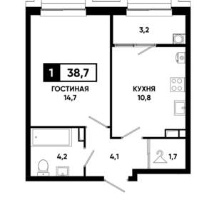 1-к квартира, строящийся дом, 39м2, 4/21 этаж