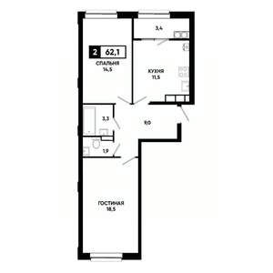 2-к квартира, вторичка, 62м2, 15/19 этаж