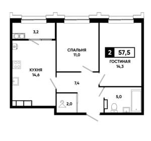 2-к квартира, строящийся дом, 58м2, 16/21 этаж