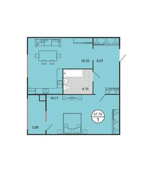 1-к квартира, строящийся дом, 48м2, 2/6 этаж