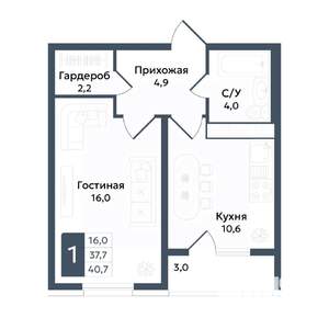 1-к квартира, вторичка, 41м2, 2/20 этаж