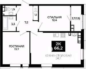 1-к квартира, вторичка, 66м2, 19/24 этаж