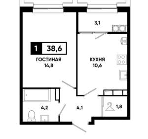 1-к квартира, строящийся дом, 39м2, 17/21 этаж