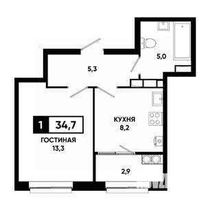 1-к квартира, строящийся дом, 35м2, 16/19 этаж