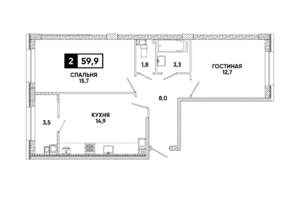 2-к квартира, вторичка, 60м2, 7/8 этаж