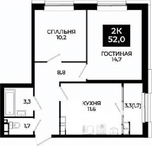 2-к квартира, вторичка, 52м2, 14/24 этаж