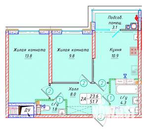 2-к квартира, вторичка, 52м2, 22/22 этаж