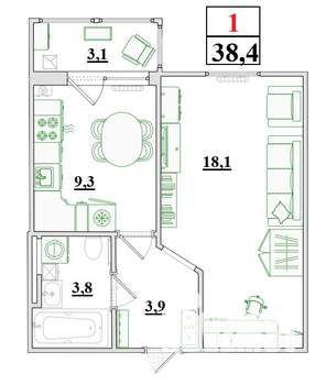 1-к квартира, строящийся дом, 38м2, 6/9 этаж
