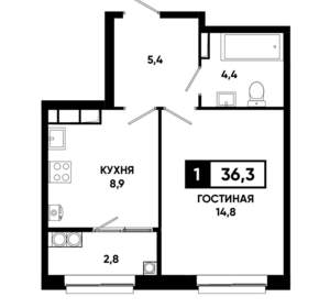 1-к квартира, строящийся дом, 36м2, 13/19 этаж