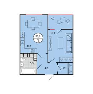 1-к квартира, строящийся дом, 39м2, 19/19 этаж