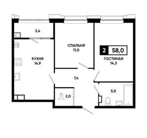 2-к квартира, вторичка, 58м2, 6/20 этаж